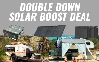 Double Down Solar Boost deal banner featuring Karavan and Kube with doubled battery power and free solar panel for off-road camping.