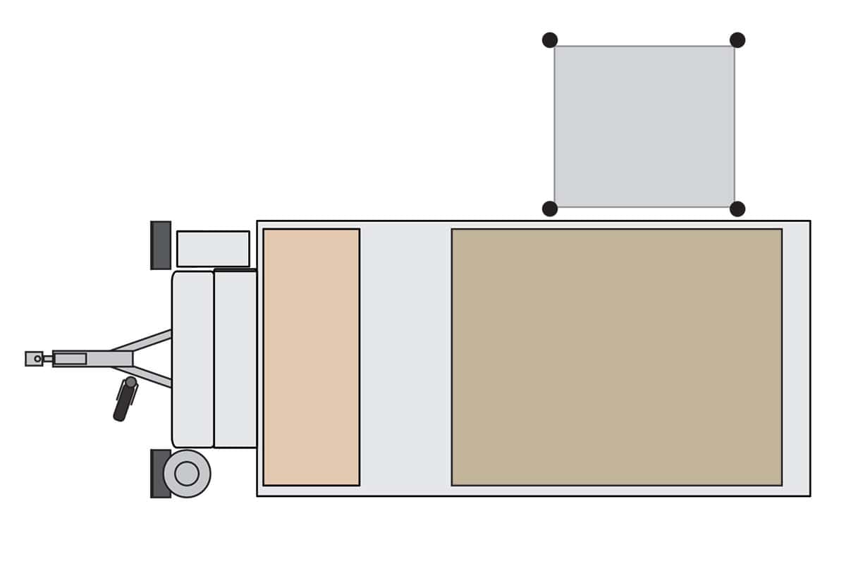Kimberley Kampers Kube camper with Darche awning outdoor shower layout, showcasing a compact off-road camping setup.
