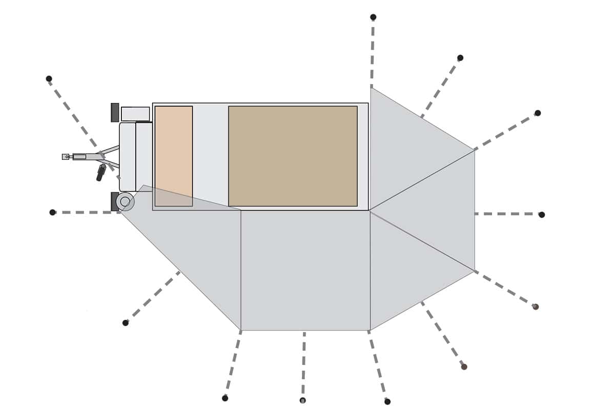 Kimberley Kampers Teardrop Kube Camper with Darche awning layout, displaying a compact camping setup with extended shade.