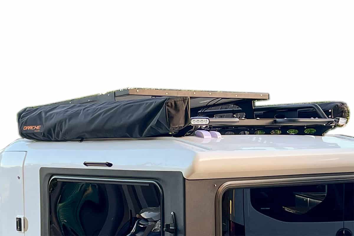 Kimberley Kampers Kube teardrop camper with multiple Darche awnings detail view.