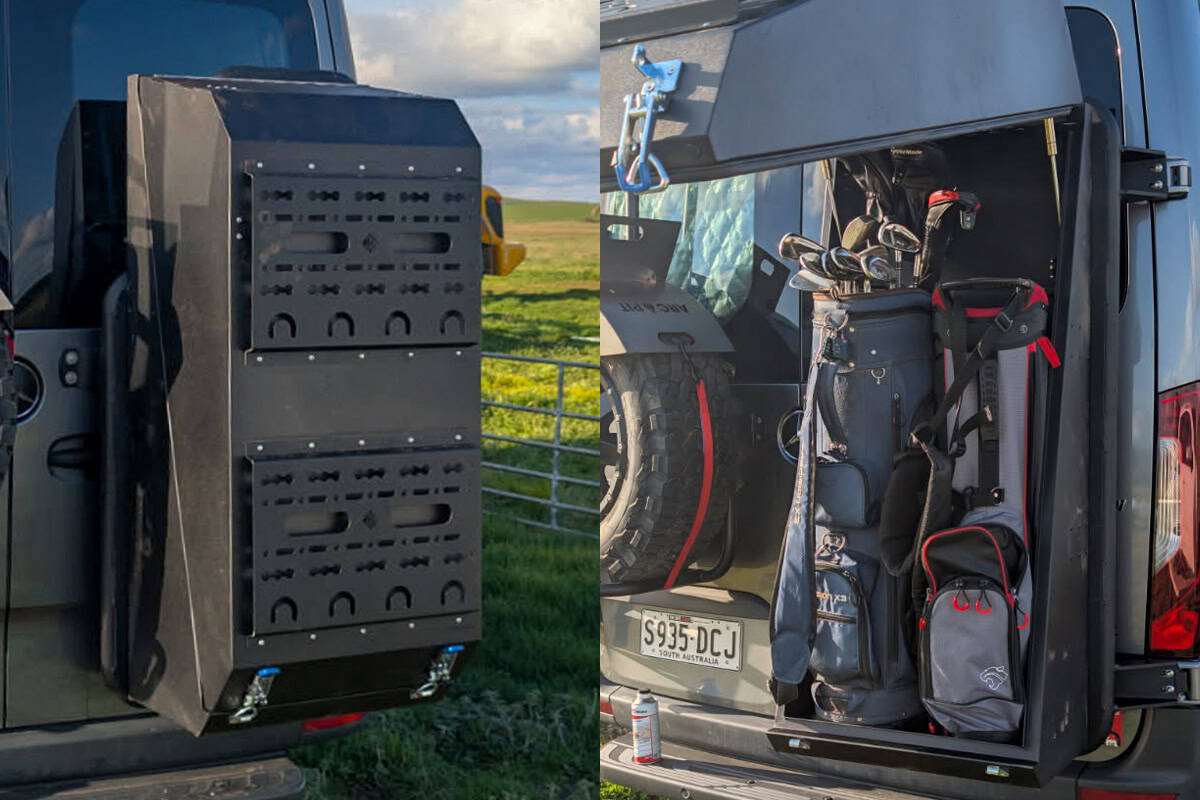 Australian offroad motorhome storage box in a paddock, shown closed and open to display its sturdy build and spacious interior for rugged adventures.
