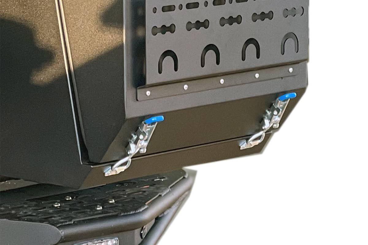 Australian offroad motorhome storage box with gullwing design, showcasing its robust construction and easy-access compartments for outdoor adventures.