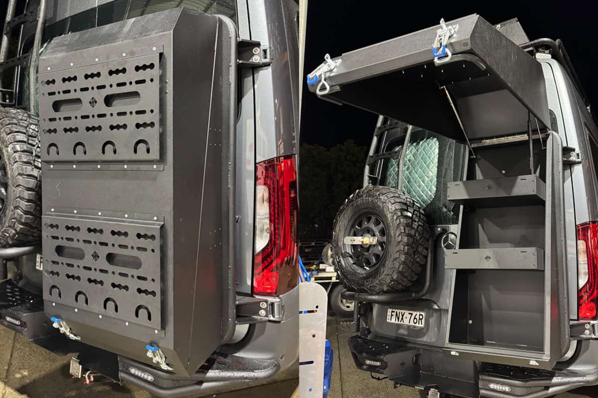 : Australian offroad motorhome storage box, shown both closed and open, highlighting its spacious interior and robust design for outdoor adventures.