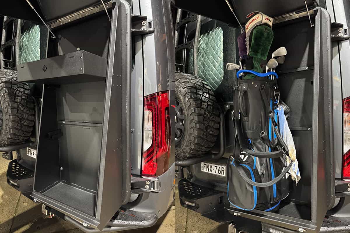 Australian offroad motorhome storage box mounted on a vehicle, designed to securely store golf clubs and other gear for outdoor adventures.