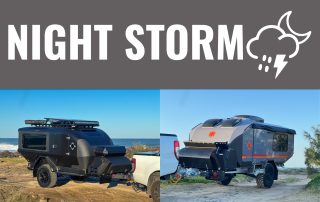 Australian off-road teardrop camper and caravan in Night Storm colour upgrade, parked by the ocean.