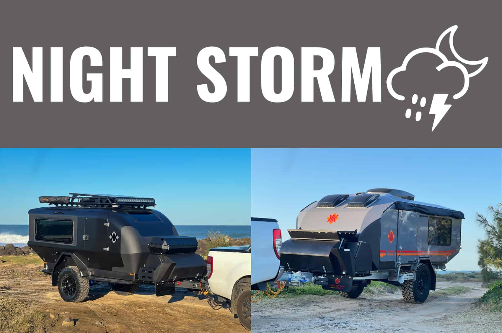 Australian off-road teardrop camper and caravan in Night Storm colour upgrade, parked by the ocean.