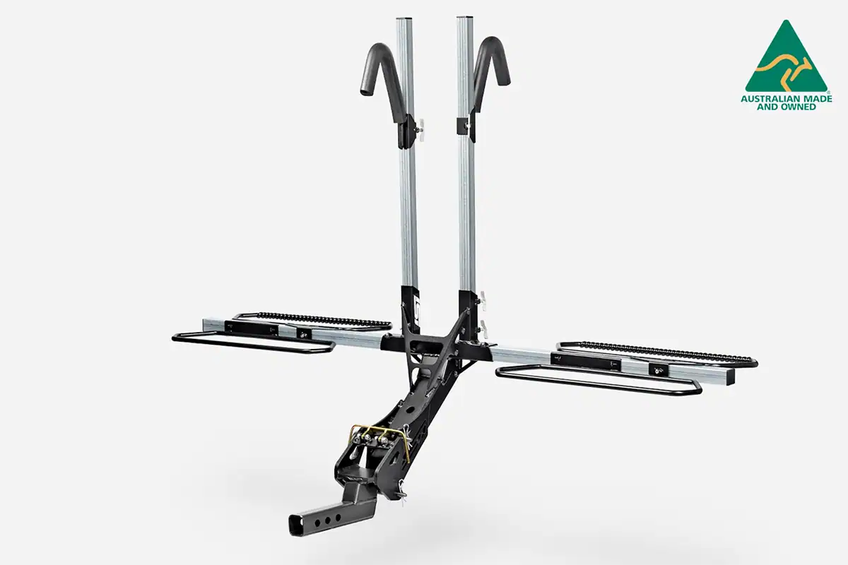 Heavy-duty wheel iSi bicycle rack can be attached to a Kube teardrop camper.